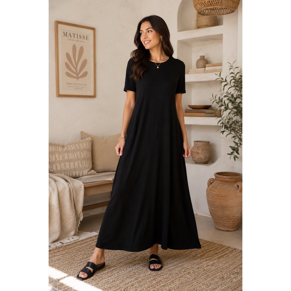 Eileen‎ Fisher Fine Jersey Black Crew Neck Maxi Dress XXS Lyocell Stretch